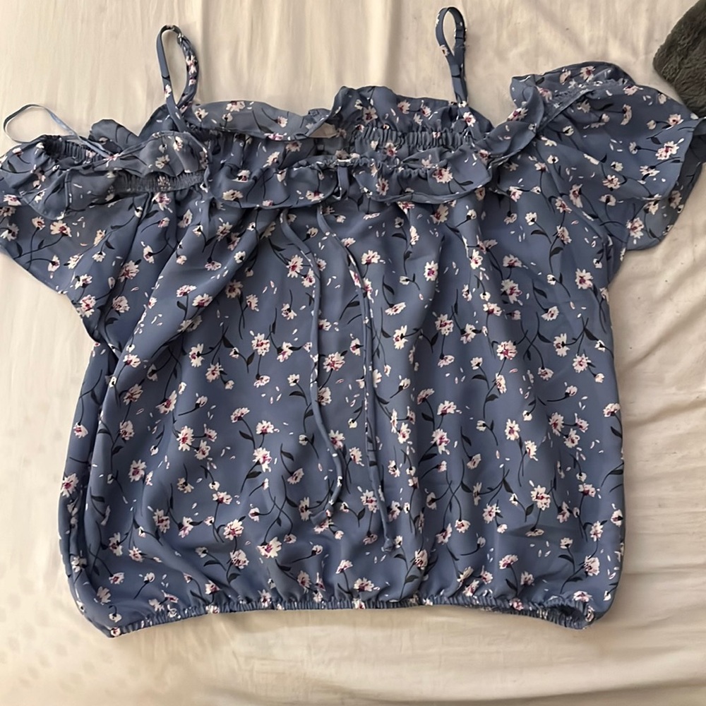 Blue/floral off the shoulder crop top